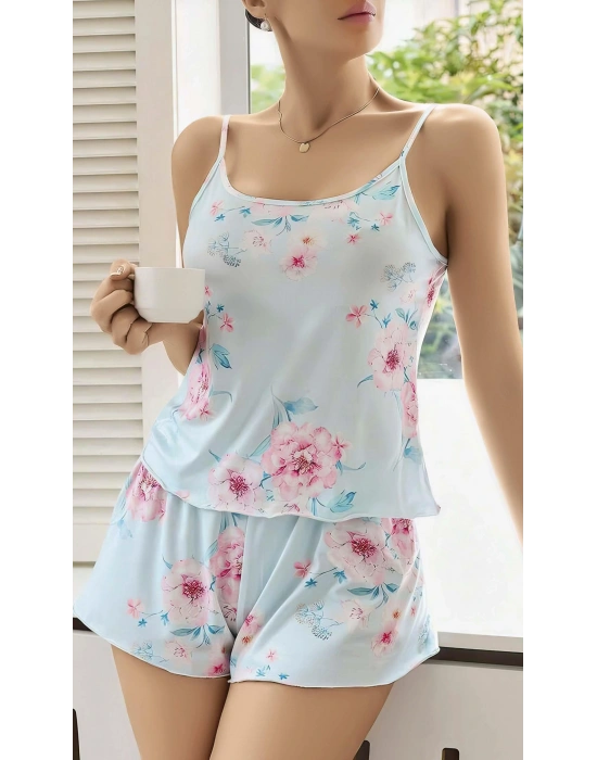 Kadın Bebek Mavisi Çiçek Desenli Askılı Şortlu Pijama Takım 5011
