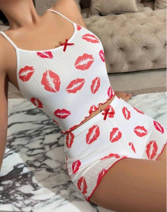 Kadın Beyaz Dudak Desenli Seksi Gecelik Takım 5021
