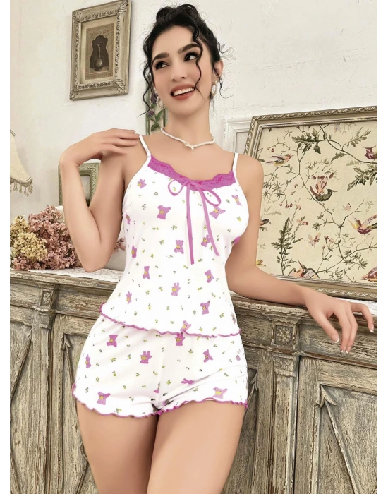 Kadın Ayıcık ve Çiçek Desenli Şortlu Gecelik Takım 5113