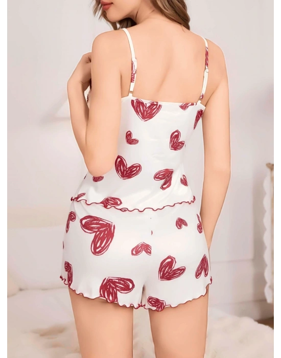 Kadın Beyaz Kalp desenli Şortlu Gecelik Pijama Takımı 5052