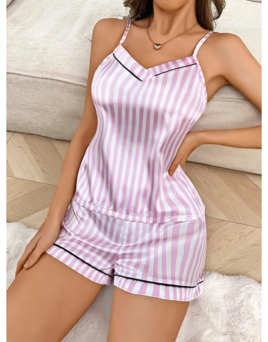 Kadın Beyaz pembe Çizgili Saten Şort Pijama Takımı 2237