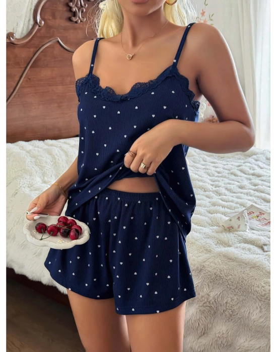 Kadın Dantel Detaylı Lacivert Şortlu Pijama Takım 5186
