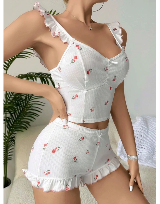 Kadın Gül ve Kiraz Desenli Şortlu Gecelik Takım 5112