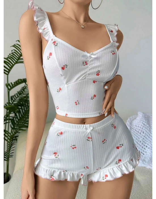 Kadın Gül ve Kiraz Desenli Şortlu Gecelik Takım 5112