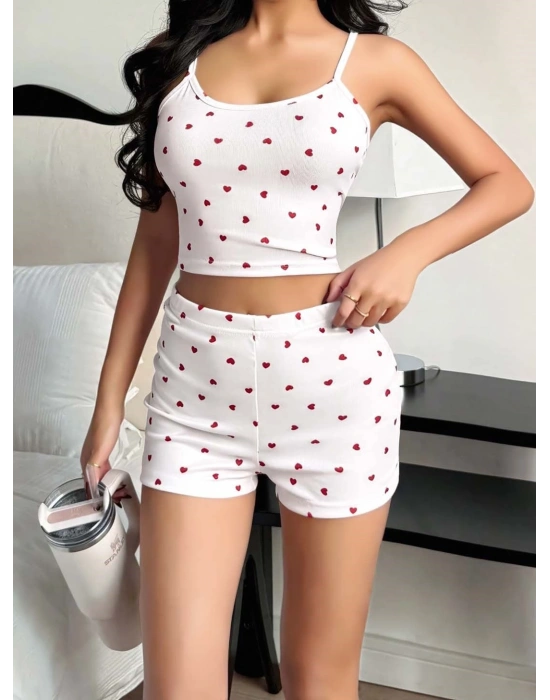 Kadın Kalp Desenli Askılı Şortlu Pijama Takımı 5236