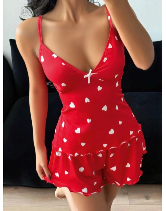 Kadın Kalp Desenli Şortlu Pijama Takım 5178