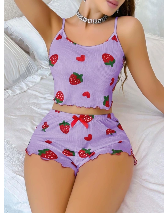 Kadın Mor Çilek desenli Şortlu Pijama Takımı 5061