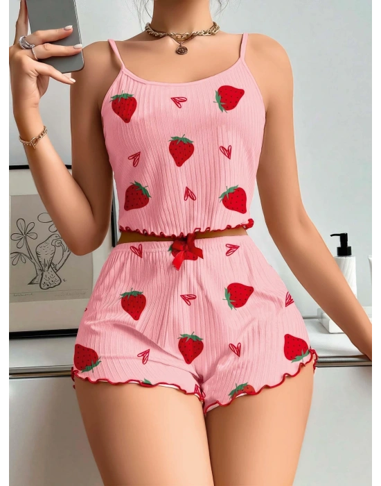 Kadın Pembe Çilek desenli Şortlu Pijama Takımı 5056