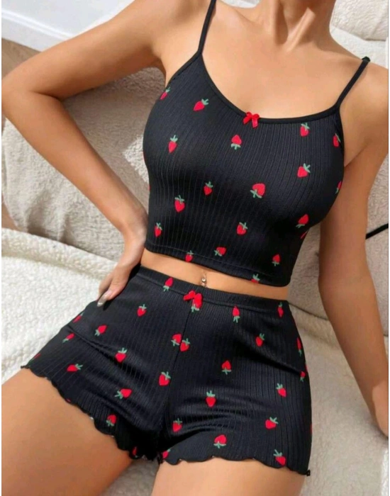 Kadın Siyah Çilek Desenli Seksi Gecelik Takım 5020