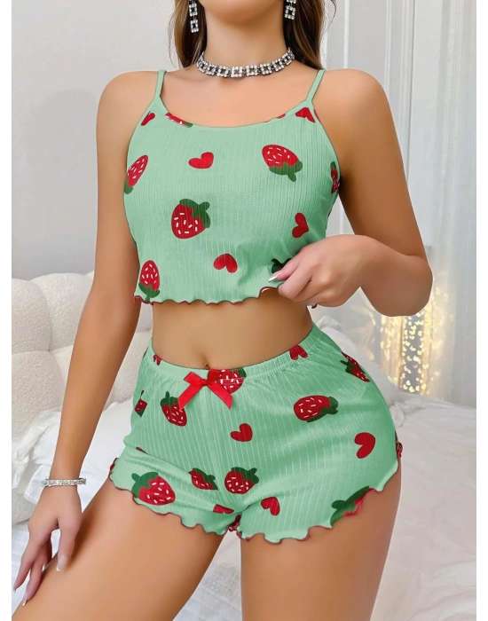 Kadın Yeşil Çilek desenli Şortlu Pijama Takımı 5060
