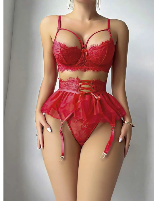 Kırmızı Etek Tül Fantezi Jartiyer Takım 2079