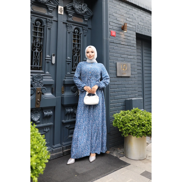KADIN Mavi %100 Viskon Pamuklu Belden Bağlamalı Gül Desen-Kat Kat Tesettür Elbise Gd125