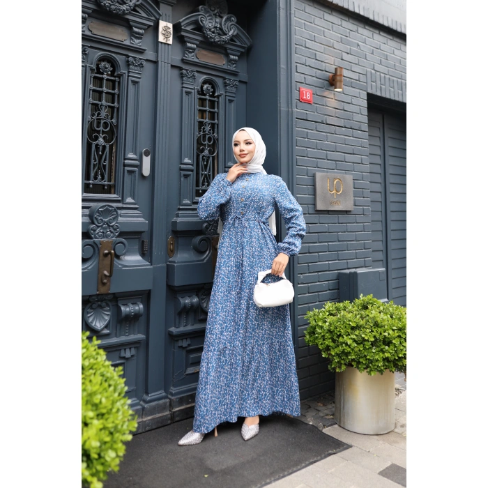 KADIN Mavi %100 Viskon Pamuklu Belden Bağlamalı Gül Desen-Kat Kat Tesettür Elbise Gd125
