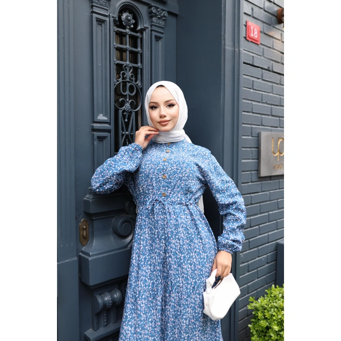 KADIN Mavi %100 Viskon Pamuklu Belden Bağlamalı Gül Desen-Kat Kat Tesettür Elbise Gd125