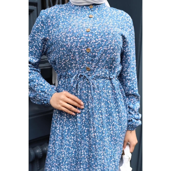KADIN Mavi %100 Viskon Pamuklu Belden Bağlamalı Gül Desen-Kat Kat Tesettür Elbise Gd125