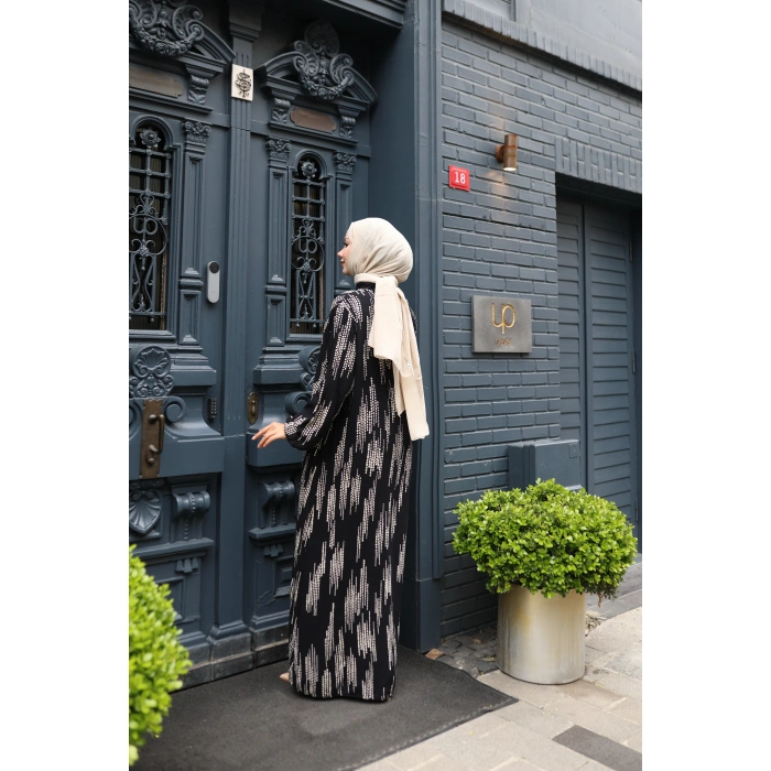 KADIN Siyah %100 Viskon Pamuklu Küçük Kare Desen Bol Kesim Tesettür Elbise Dv786