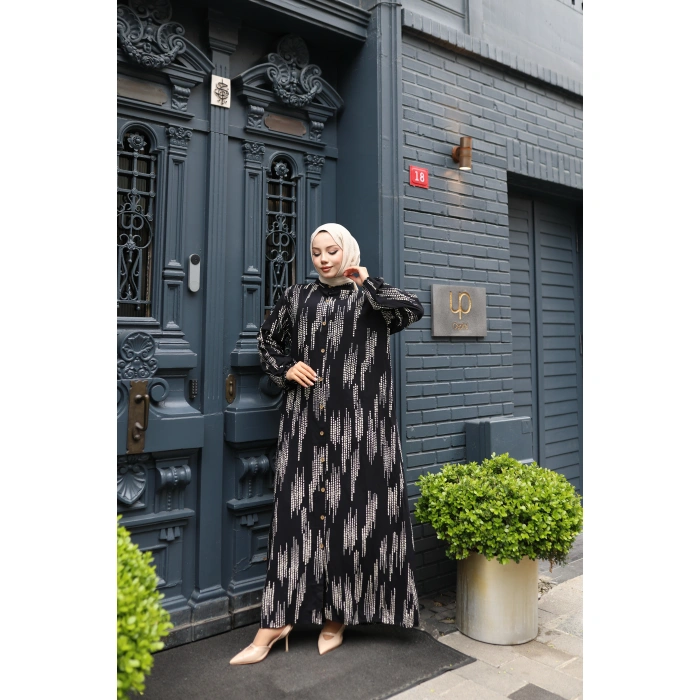 KADIN Siyah %100 Viskon Pamuklu Küçük Kare Desen Bol Kesim Tesettür Elbise Dv786