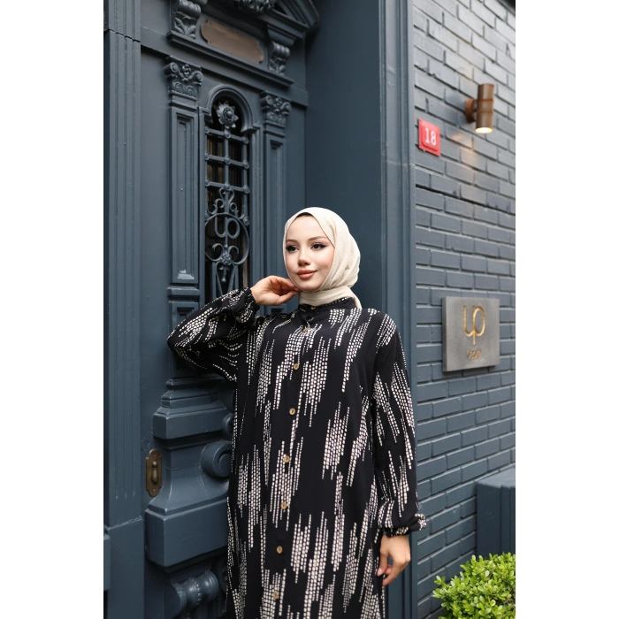 KADIN Siyah %100 Viskon Pamuklu Küçük Kare Desen Bol Kesim Tesettür Elbise Dv786