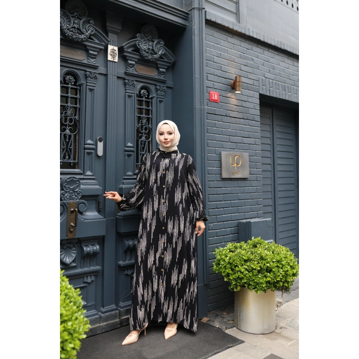 KADIN Siyah %100 Viskon Pamuklu Küçük Kare Desen Bol Kesim Tesettür Elbise Dv786
