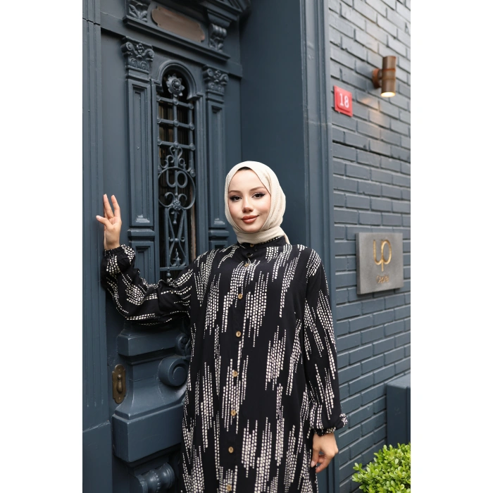 KADIN Siyah %100 Viskon Pamuklu Küçük Kare Desen Bol Kesim Tesettür Elbise Dv786
