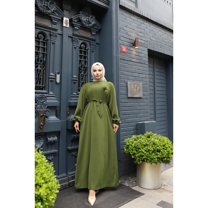 KADIN Haki Aerobik Yaka Çiçek Detaylı- Belden Bağlamalı Şık Tesettür Elbise 0308