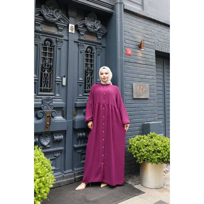 KADIN Mor Aerobik Bol Kesim - Boydan Düğmeli - Balon Kol Tesettür Elbise Bd1505
