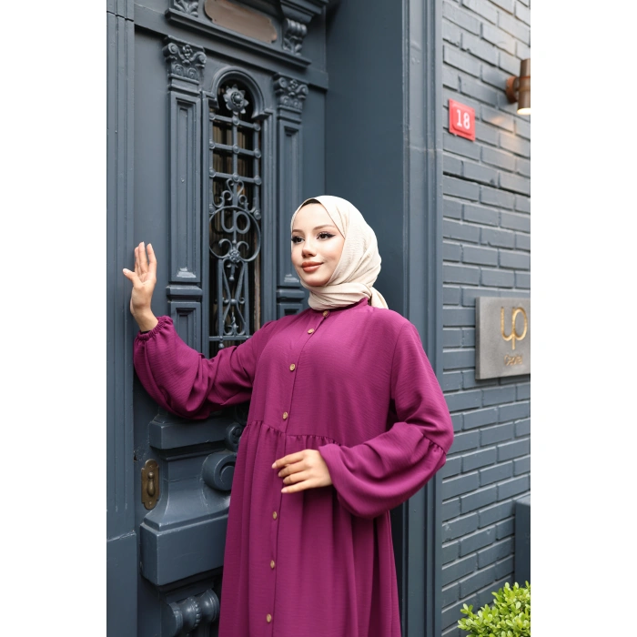 KADIN Mor Aerobik Bol Kesim - Boydan Düğmeli - Balon Kol Tesettür Elbise Bd1505