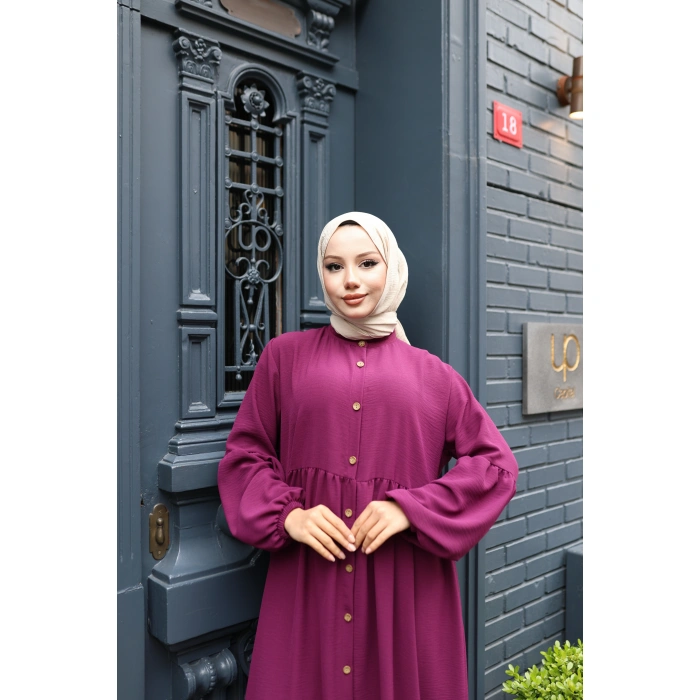 KADIN Mor Aerobik Bol Kesim - Boydan Düğmeli - Balon Kol Tesettür Elbise Bd1505