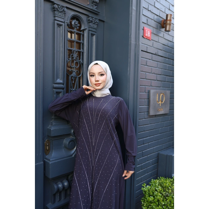 KADIN Füme Taş Baskı Desen Sandy Kumaş Şık Tesettür Elbise T817