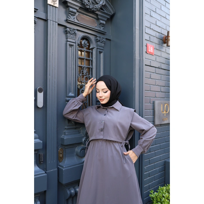 KADIN Gri Bel Büzgülü-Üst Yelekli Dabıl Krep Takım Tesettür Elbise D002