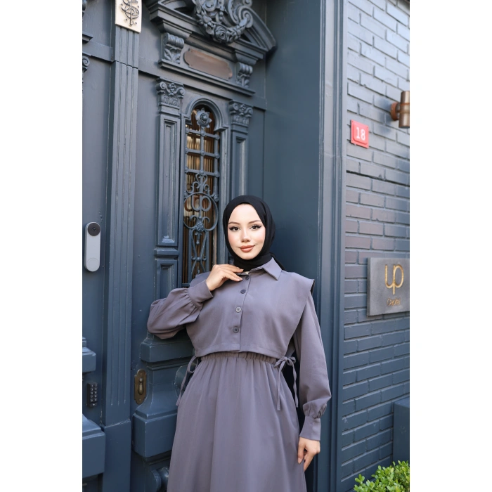 KADIN Gri Bel Büzgülü-Üst Yelekli Dabıl Krep Takım Tesettür Elbise D002