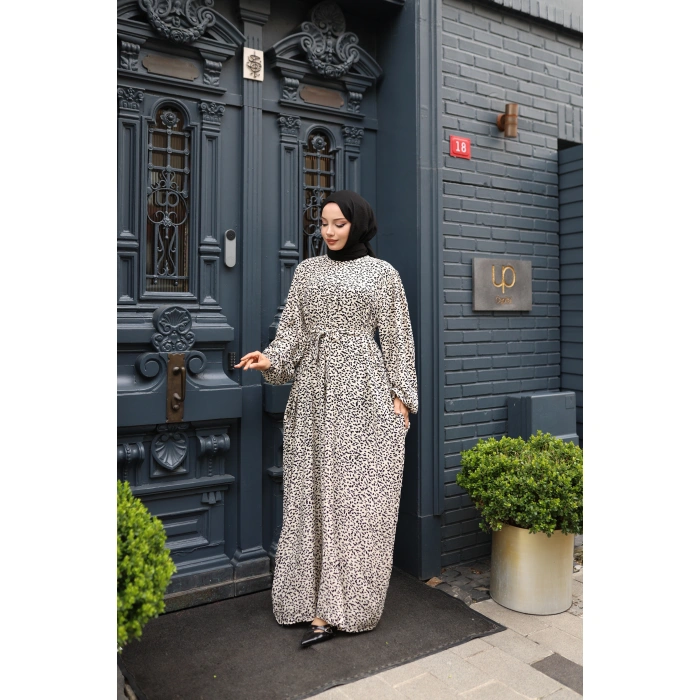 KADIN Bej %100 Viskon Robalı Salaş Model Kuşaklı Battal Maxi Boy Tesettür Elbise Vbtl3325