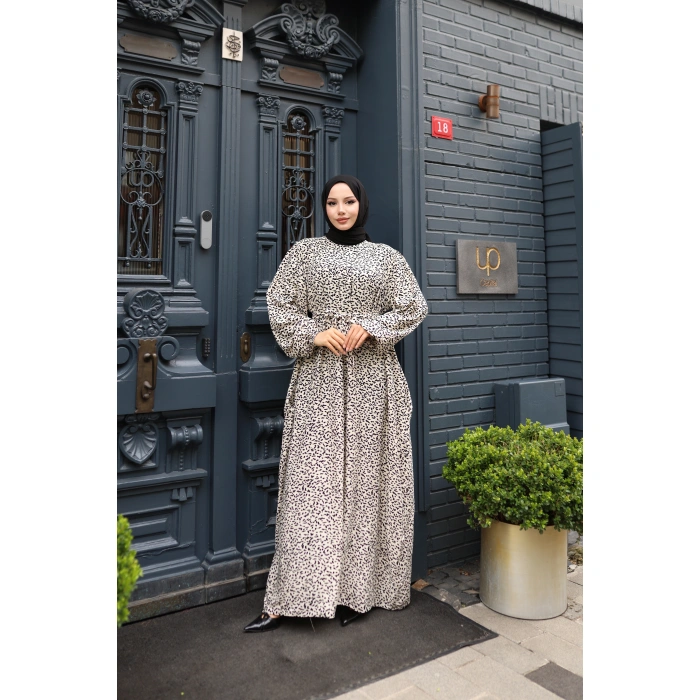 KADIN Bej %100 Viskon Robalı Salaş Model Kuşaklı Battal Maxi Boy Tesettür Elbise Vbtl3325