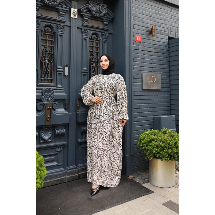 KADIN Bej %100 Viskon Robalı Salaş Model Kuşaklı Battal Maxi Boy Tesettür Elbise Vbtl3325