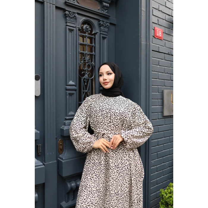 KADIN Bej %100 Viskon Robalı Salaş Model Kuşaklı Battal Maxi Boy Tesettür Elbise Vbtl3325