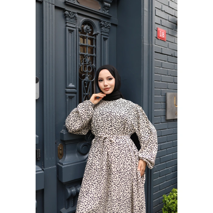 KADIN Bej %100 Viskon Robalı Salaş Model Kuşaklı Battal Maxi Boy Tesettür Elbise Vbtl3325