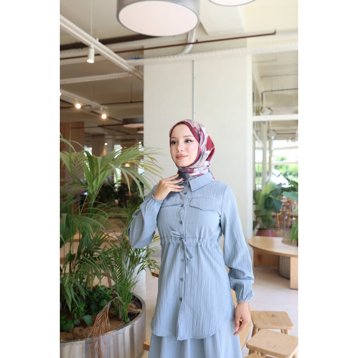 KADIN GRİ MİRA BELDEN BAĞLAMALI CEP DETAYLI ETEKLİ TAKIM