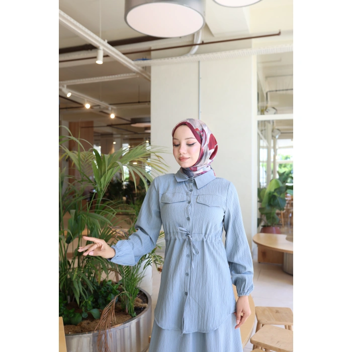 KADIN GRİ MİRA BELDEN BAĞLAMALI CEP DETAYLI ETEKLİ TAKIM