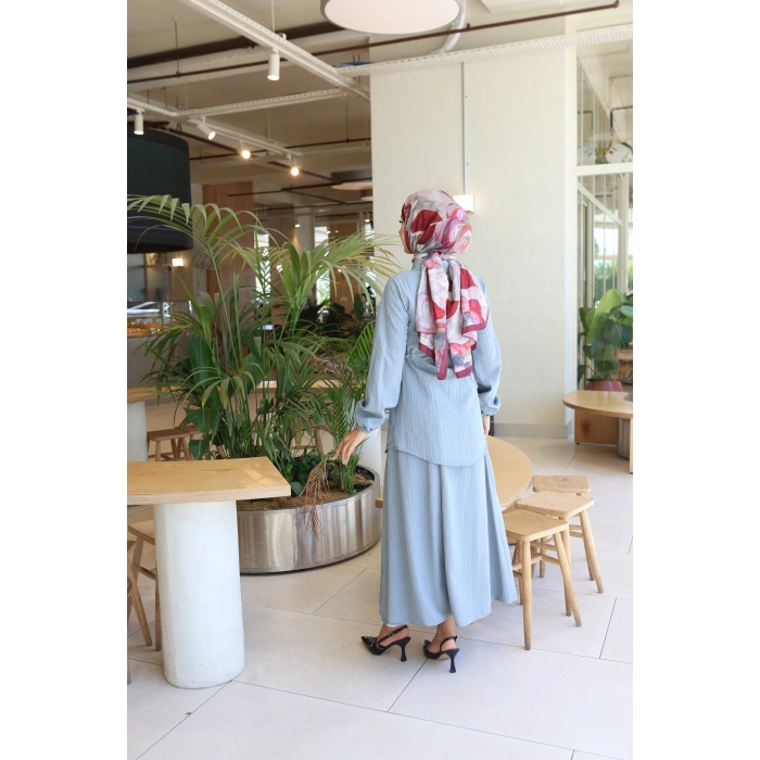 KADIN GRİ MİRA BELDEN BAĞLAMALI CEP DETAYLI ETEKLİ TAKIM