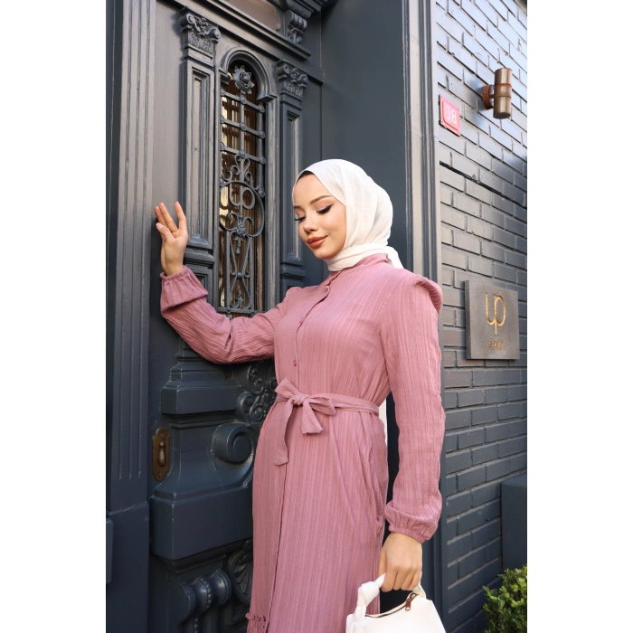 KADIN Gül Kurusu Boydan Düğmeli Eteği Piliseli Kuşaklı Lara Keten Uzun Tesettür Elbise