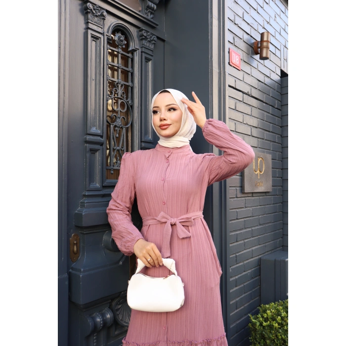 KADIN Gül Kurusu Boydan Düğmeli Eteği Piliseli Kuşaklı Lara Keten Uzun Tesettür Elbise