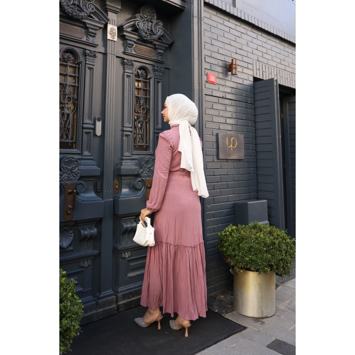 KADIN Gül Kurusu Boydan Düğmeli Eteği Piliseli Kuşaklı Lara Keten Uzun Tesettür Elbise