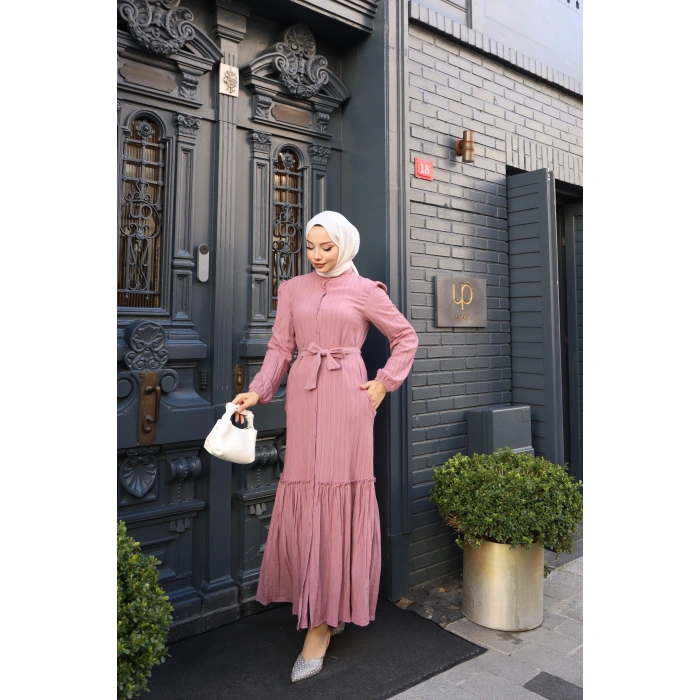 KADIN Gül Kurusu Boydan Düğmeli Eteği Piliseli Kuşaklı Lara Keten Uzun Tesettür Elbise