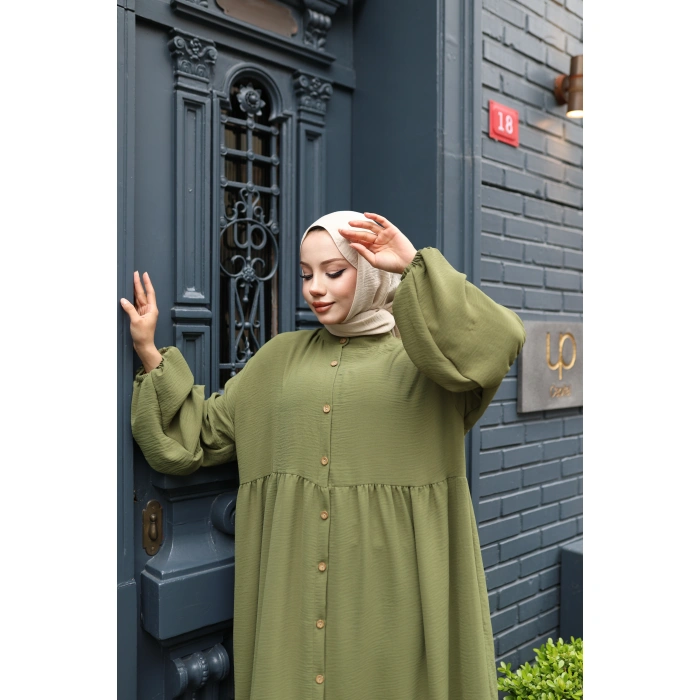 KADIN Haki Aerobik Bol Kesim - Boydan Düğmeli - Balon Kol Tesettür Elbise Bd1501