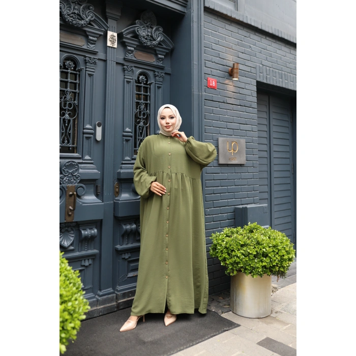 KADIN Haki Aerobik Bol Kesim - Boydan Düğmeli - Balon Kol Tesettür Elbise Bd1501