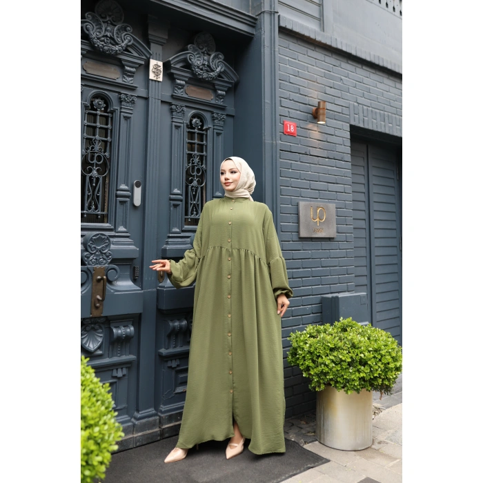 KADIN Haki Aerobik Bol Kesim - Boydan Düğmeli - Balon Kol Tesettür Elbise Bd1501