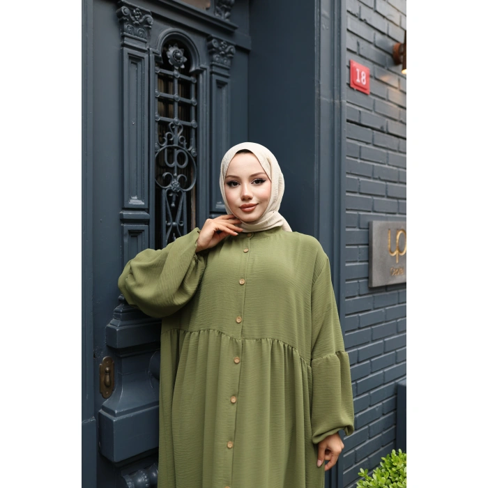 KADIN Haki Aerobik Bol Kesim - Boydan Düğmeli - Balon Kol Tesettür Elbise Bd1501