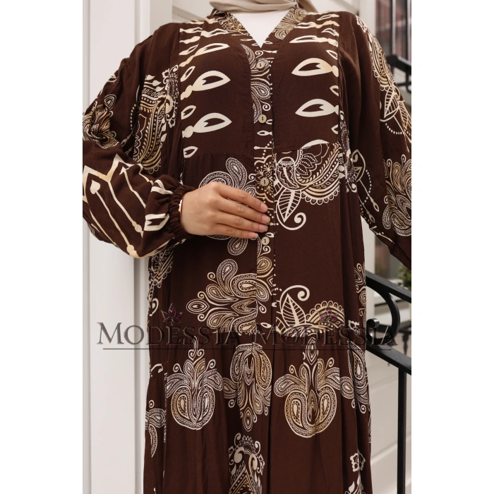 KADIN Kahve %100 Viskon Pamuklu V Yaka Alaçatı Model Kat Kat Elbise V6532