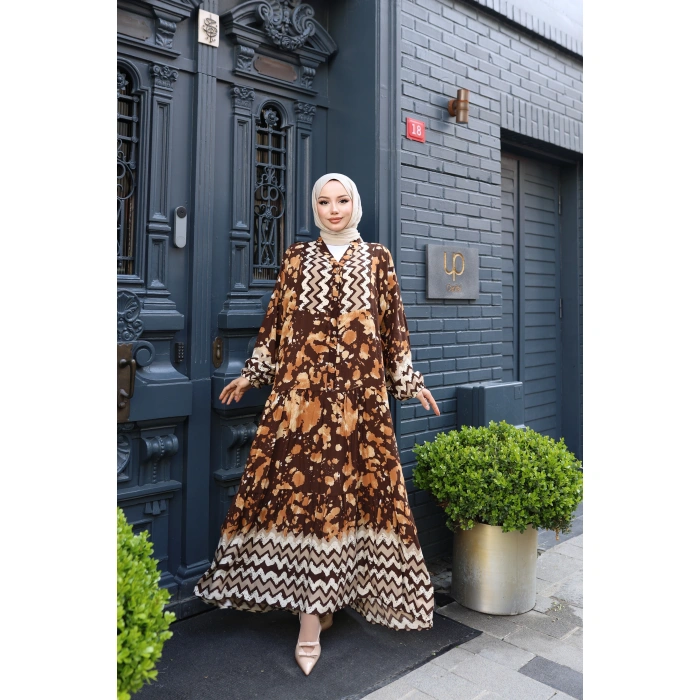 Kadın Kahve %100 Viskon Pamuklu V Yaka Alaçatı Model Kat Kat Elbise V896