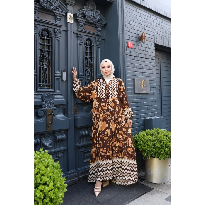 Kadın Kahve %100 Viskon Pamuklu V Yaka Alaçatı Model Kat Kat Elbise V896